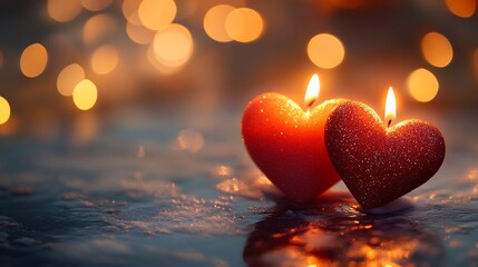 Poster - Softly glowing heartshaped candles placed a blurred background with golden bokeh lights twinkling around them A romantic dreamy Valentines Day atmosphere full of warmth and love