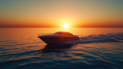 Poster - A boat is sailing on the ocean at sunset