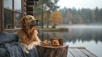 A dog is sitting on a log next to a table with a plate of donuts and two cups