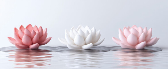 Wall Mural - lotus flowers floating on water, simple white background, subtle ripples and reflections