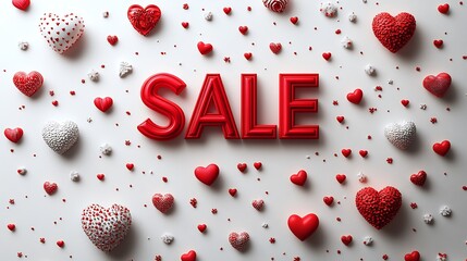 Poster - Eyecatching Valentine's Day sale vector banner 3D SALE text in red surrounded by heartshaped elements on a crisp white background perfect for discounts and promotions