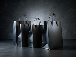 Four sleek black shopping bags artfully arranged on a deep surface, representing elegance and trendiness in fashion and retail advertising concepts.