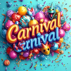 Poster - Colorful Carnival text large letters with multicolored balloons masks and swirling streamers on a vibrant gradient background designed to capture the fun and celebration of carnival posters