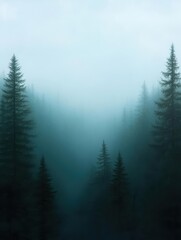 Misty forest landscape with silhouettes of evergreen trees in a dreamy, atmospheric setting.