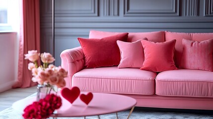 Chic living room decorated Valentines Day with a pink sofa as the centerpiece Heartthemed home decor and soft lighting create a romantic ambiance