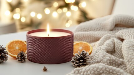 Wall Mural - The warm glow of a red candle shines brightly, accompanied by fresh orange slices and pine cones, all arranged on a soft cotton fabric with a background of gentle, blurred lights