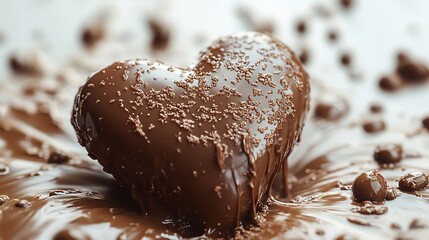 Poster - Valentines Day liquid chocolate heart midsplash with drops and drips spreading across a smooth white surface creating a dynamic and luxurious visual of love and indulgence