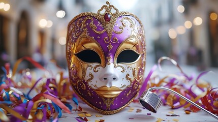 Poster - Luxurious Venetian mask deep purple and gold surrounded by swirling multicolored streamers and a silver whistle set against a clean white background for a modern carnival party theme