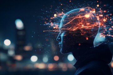 Poster - A digital illustration of a human head with illuminated neural connections, symbolizing the fusion of technology and human thought in a modern urban backdrop.
