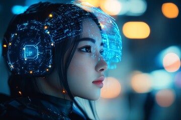 Poster - A close-up of a futuristic woman wearing a digital interface on her head, surrounded by neon lights and glowing virtual elements exploring future technology.