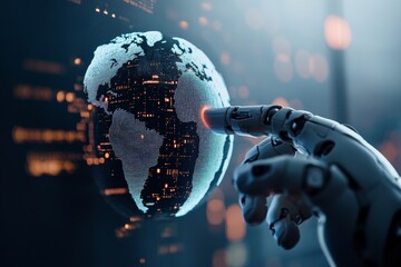 Poster - A robotic hand stretches out to touch a glowing digital globe, symbolizing the interaction and impact of technology on our interconnected global society.