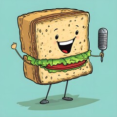 Talking sandwich holding a microphone as if giving a speech – cartoon,Generative AI