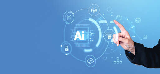 Poster - Woman finger touch AI hologram and virtual assistant icons, bot communication
