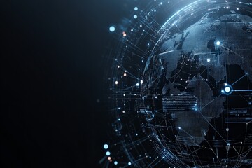 Poster - A futuristic digital representation of Earth surrounded by interconnected pathways, highlighting global communication and technological advancement.