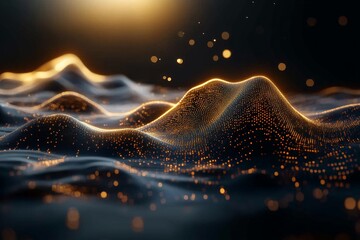 Poster - An abstract digital 3D landscape with illuminated waveforms and particles floating in space, symbolizing energy, fluidity, and creative visualization.