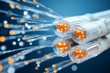 Poster - A detailed close-up of fiber optic cables with light emanating from their tips, representing the speed, connectivity, and innovation of modern technology.