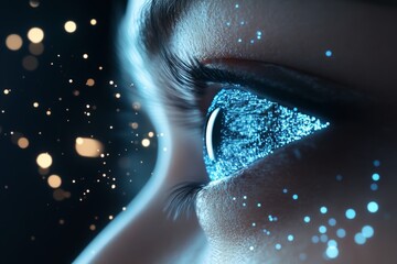 Poster - This stunning image shows a close-up of an eye infused with digital elements and glowing patterns, symbolizing the interface between human perception and technology.
