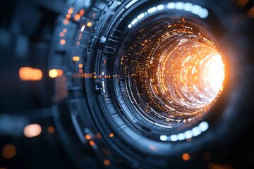 Poster - A mesmerizing view into a futuristic digital tunnel illuminated with glowing orange lights, representing technological advancement and innovation.