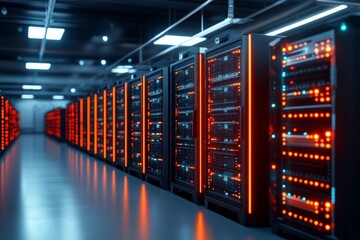 Poster - A sleek, modern data center featuring rows of powerful, illuminated servers in a futuristic hallway, showcasing advanced technology and innovation.