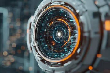 Poster - A close-up view of a high-tech futuristic digital interface with glowing orange and blue circuit patterns, representing advanced technology and innovation.