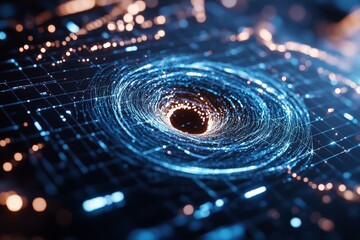 Poster - A swirling digital vortex represents a futuristic concept of data or information flow, indicative of the technological complexity and interconnection in the digital world.