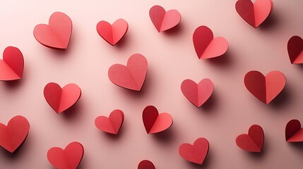 Poster - Red hearts a paper cut style arranged in a scattered pattern on a light pink background viewed from above capturing a minimalist Valentine's Day theme in a flat lay composition