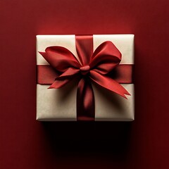 Poster - White gift box tied a red ribbon bow placed on a dark red background with shadows Minimal conceptual design highlighting the elegance of a Valentines Day present
