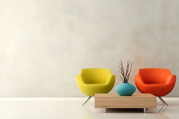 Poster - A minimalist space features vibrant yellow and orange chairs with a modern design, creating a striking visual balance and clean lines.
