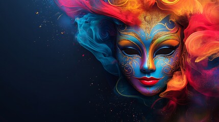 Poster - Vibrant multicolored carnival mask centered on a sleek banner surrounded by swirling patterns and bright colors with space left on the right side for text all set on a clean minimalistic background