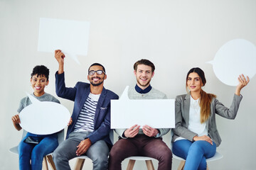 Poster - Collaboration, portrait and speech bubble with business people in studio for advertising or marketing. Mockup space, smile or voice with happy man and woman employee group in office for communication