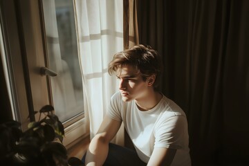 Young man with a contemplative expression sitting by a window with natural light