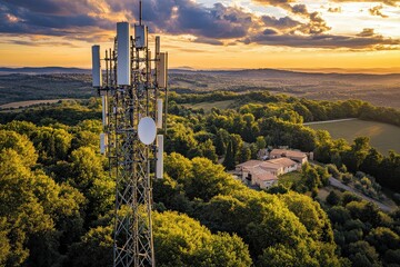 Cell tower overlooking countryside at sunset