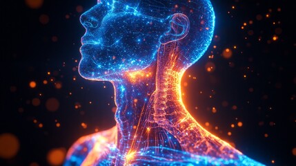 Poster - A man's head is lit up in blue and orange lights