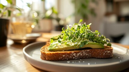 Freshly prepared avocado toast on whole grain bread, topped with microgreens and a sprinkle of sea salt, with a minimalist dining table setup in the background