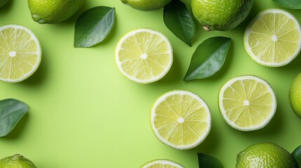 Wall Mural - Fresh Limes on Green Background