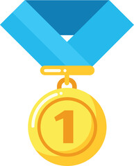 the gold medal, suspended from a vibrant blue ribbon, represents first place achievement, often awar