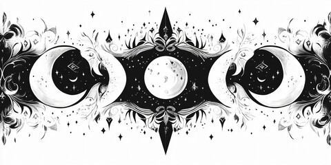 A black and white illustration of two crescent moons and a full moon surrounded by stars and floral elements. moon tatto