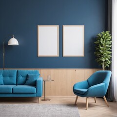 Vibrant blue sofa and chair near wall with poster frame. Scandinavian interior design of modern living room.	