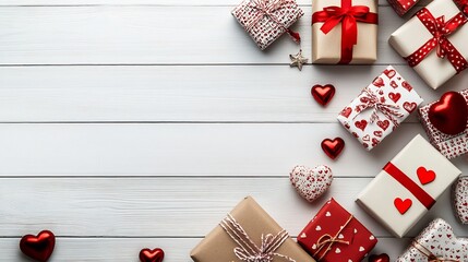 Poster - Valentine's Day scene assorted presents and heartshaped decor set against a white wooden background Clean and elegant with plenty of blank space for customization