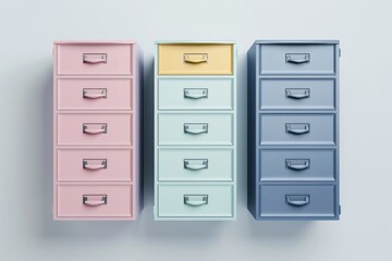 Colorful storage drawers lined up against a white wall