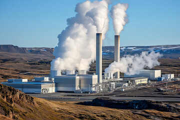 geothermal power plant emits steam against backdrop of rugged volcanic terrain and clear blue skies, showcasing sustainable energy production