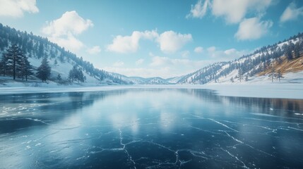 Aufkleber - A frozen lake with a mountain in the background