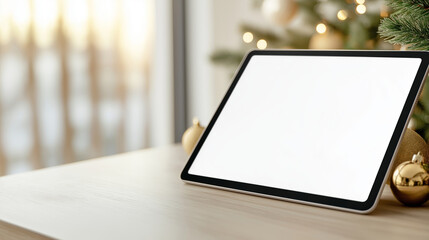 Tablet computer with white screen on wooden table with christmas tree and gold ornaments in the background