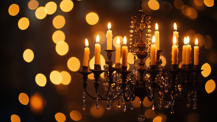 Wall Mural - Elegant Hanukkah chandelier with glowing candles illuminating warm festive atmosphere