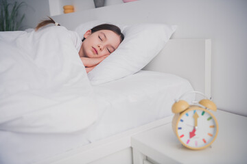 Canvas Print - Portrait of adorable lovely girl sleeping enjoying comfy bed sweet dreams white light room interior indoors