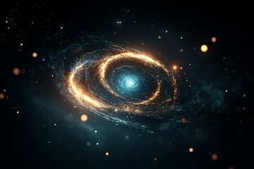 Poster - An awe-inspiring image of a cosmic galaxy swirling in the vastness of space, illuminated by magnificent golden light with stars sparkling around its spiraling arms.