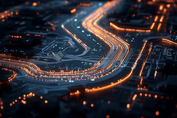 Poster - A highly stylized digital representation showcases a city's complex and vibrant infrastructure at night with dynamic light trails, symbolizing modern urban development.