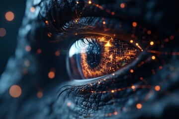 Poster - A close-up image of an eye with digital reflections in the iris, symbolizing technology, vision, and the integration of human and digital worlds.