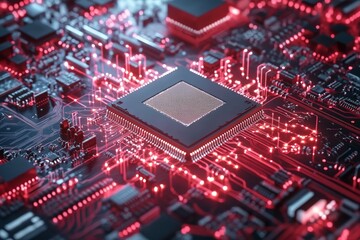 Poster - A close-up view of a computer chip with glowing circuits surrounding it, capturing the essence of technology, innovation, and digital advancement.
