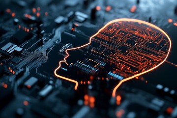 Poster - A digital and abstract representation of a human face profile outlined in vibrant orange circuits, symbolizing the intersection of AI and personal identity.